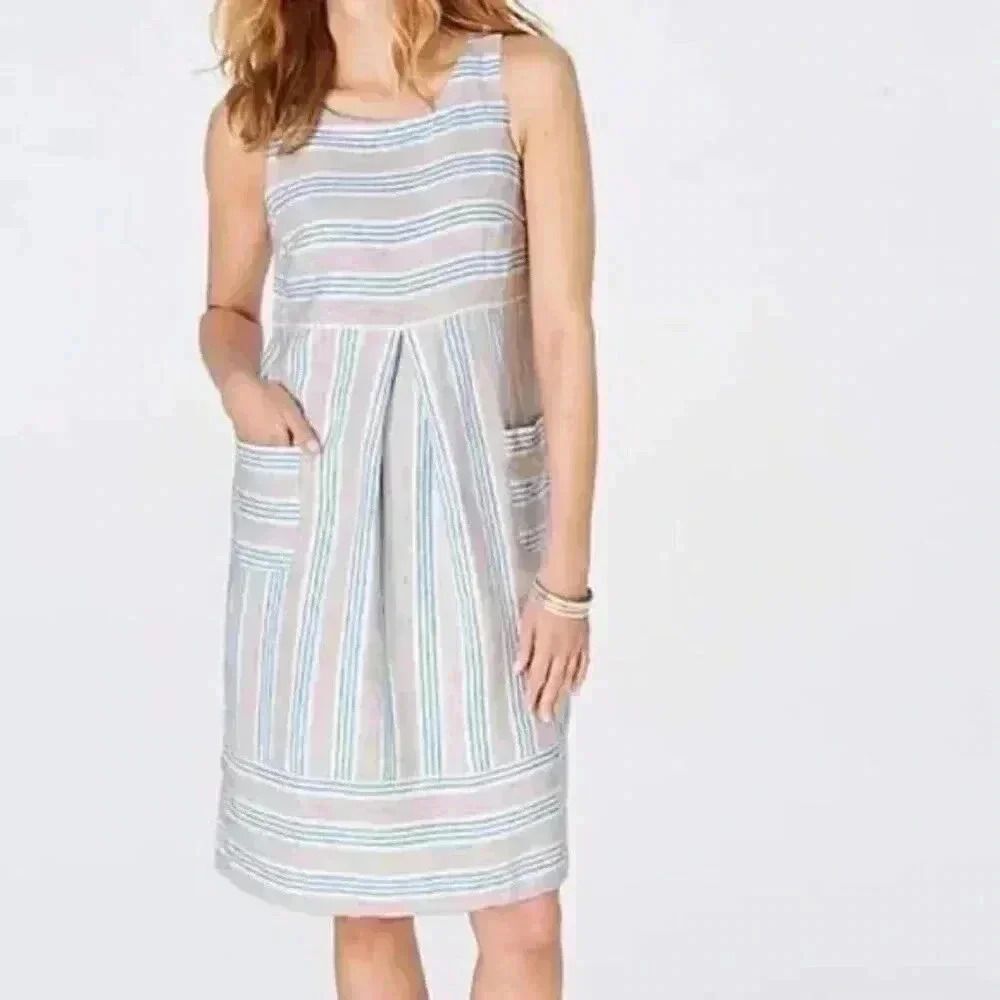 J. Jill Love Linen Striped Dress with Pockets,  Size M, White, Brown, Blue